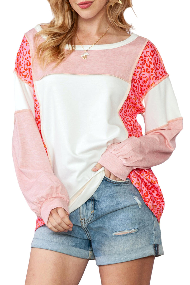 Peach Blossom Patchwork Long Sleeve Round Neck Top