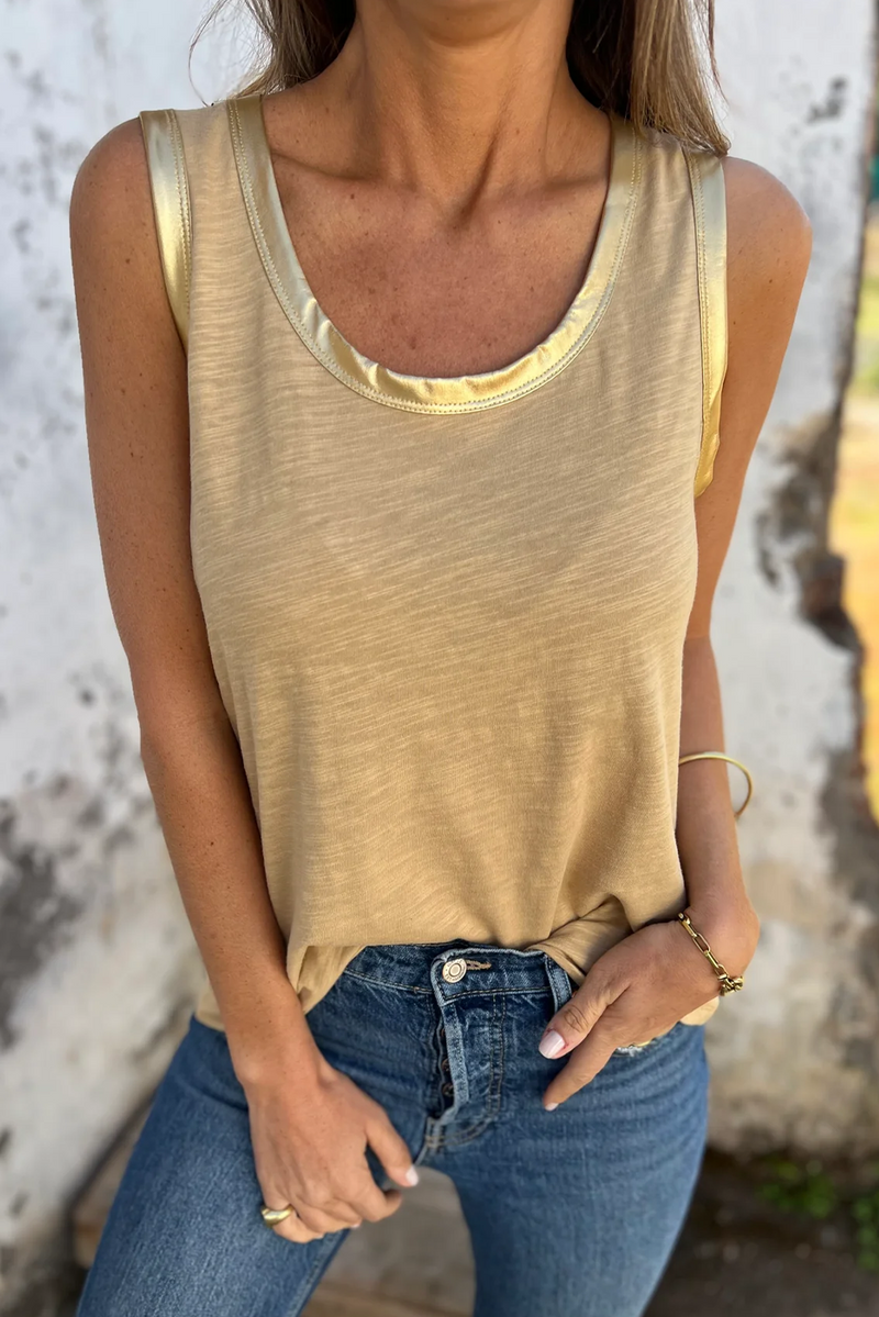 Tan Contrast Trim Round Neck Tank Top