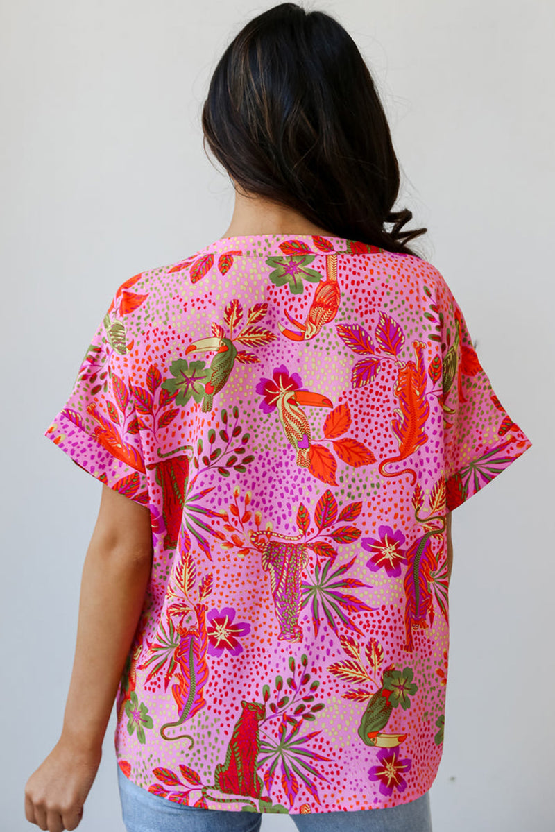 Rose Spotted Jungle Print V Neck Boho Blouse