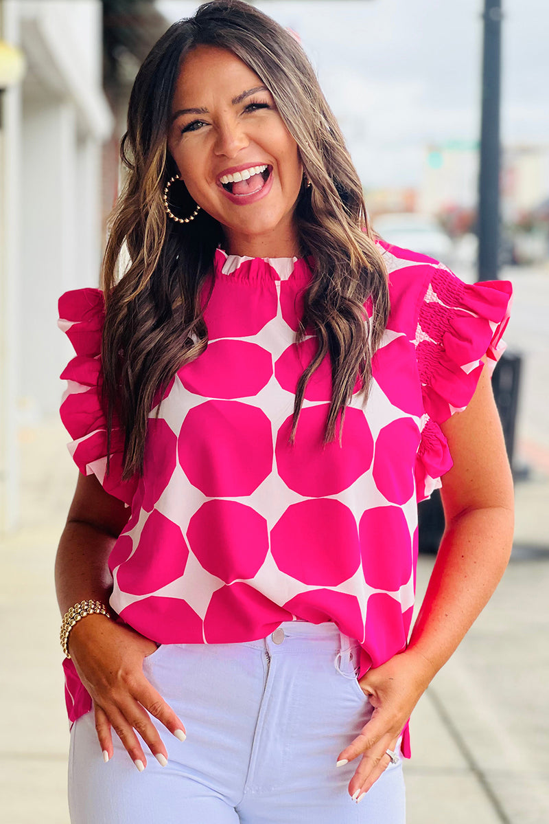 Rose Polka Dot Pattern Frill Neck Flutter Sleeve Top