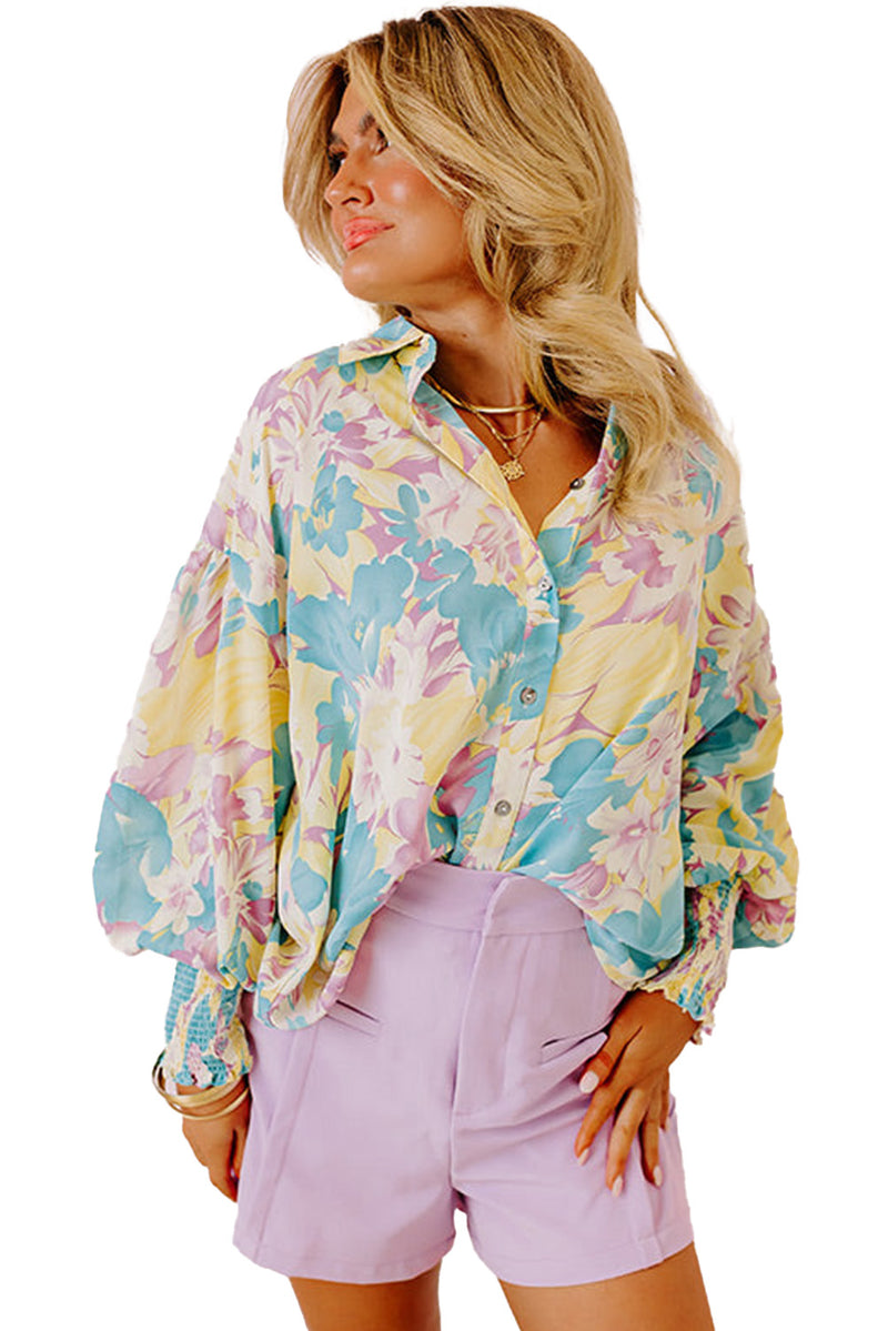 Yellow Floral Allover Print Shirred Cuff Oversized Shirt