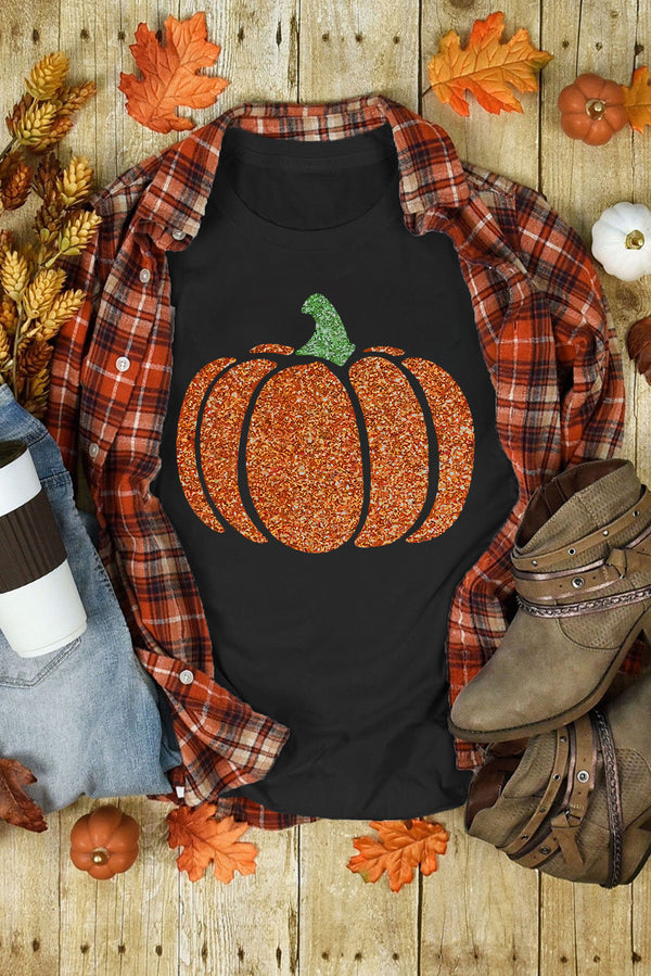 Black Halloween Glittering Pumpkin Graphic T Shirt