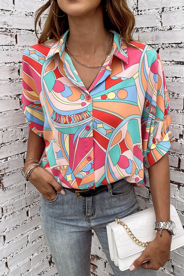 Multicolor Abstract Print Half Batwing Sleeve Loose Shirt