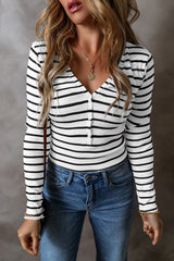 White Stripe Slim Fit Buttoned V Neck Long Sleeve Top