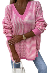 Pink Striped Scallop V Neck Split Knitted Sweater