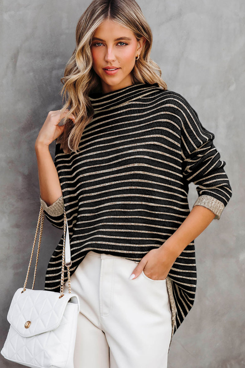 Black Striped Turtleneck Long Sleeve Sweater