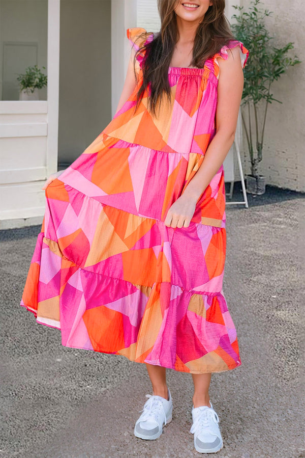 Multicolour Boho Geometric Ruffle Strap Tiered Midi Dress