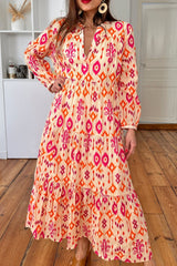 Orange Abstract Geometric Printed V Neck Maxi Dress