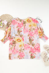 Pink Shirred Cuffs 3/4 Sleeve Loose Fit Floral Blouse