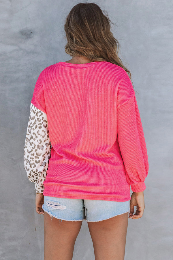 Rosy Leopard Patchwork Color Block Ribbed Long Sleeve Top