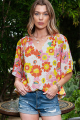 Orange Floral Print V Neck Flutter Sleeve Blouse for Women