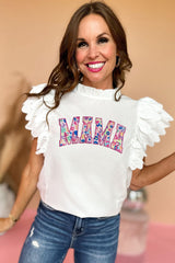 White MAMA Leopard Graphic Pleated Neck Layered Scalloped Sleeve Tee