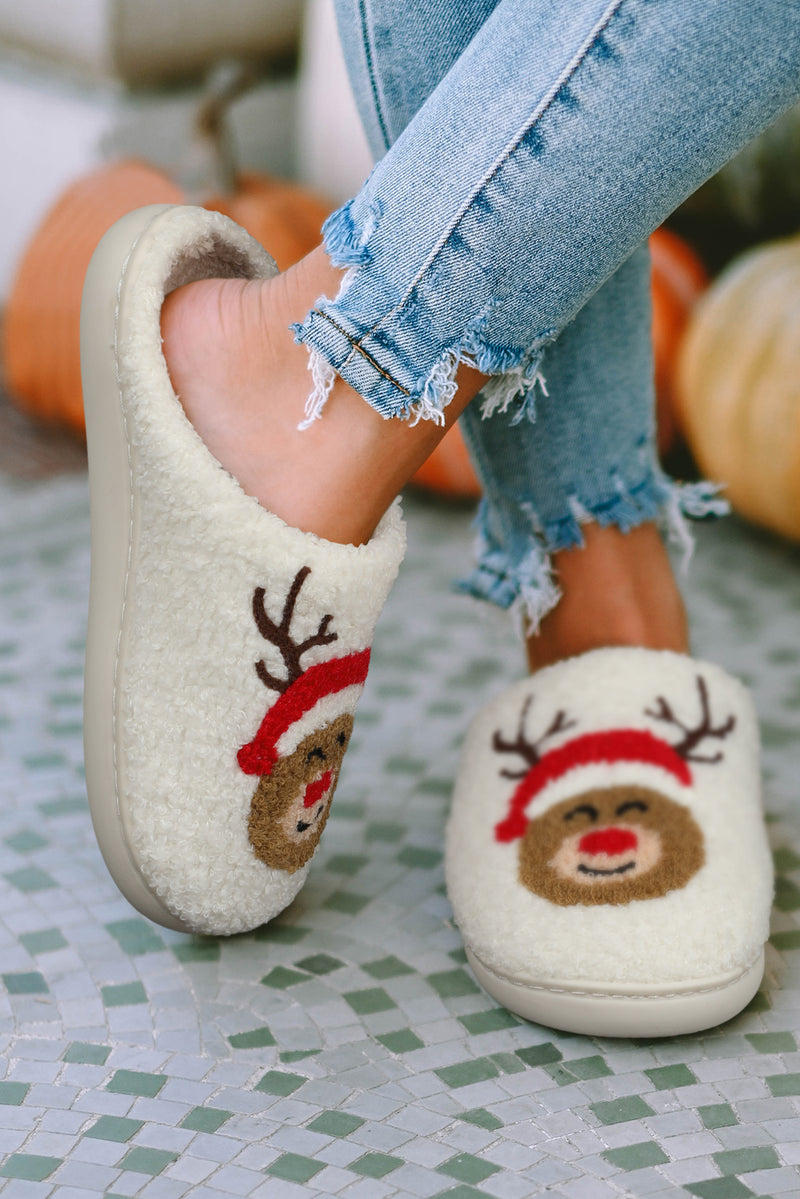 White Christmas Deer Pattern Home Plush Slippers