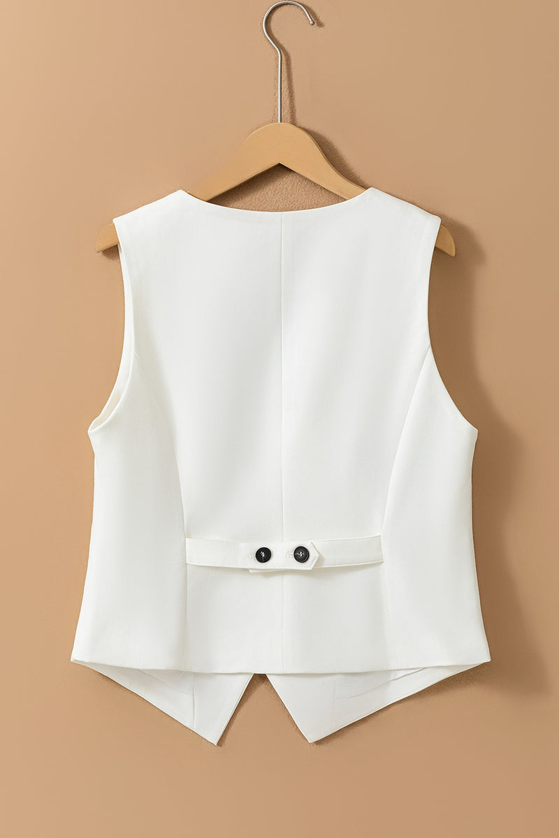 White Solid Color Button Up V Neck Suit Vest