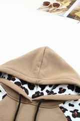 Khaki Leopard Bishop Sleeve Drawstring Hoodie