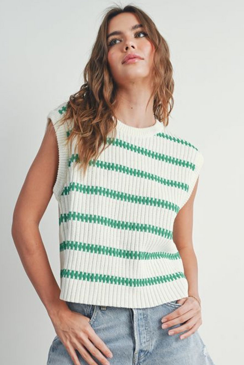 Bright Green Striped Sleeveless Knit Top