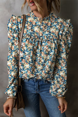 Sky Blue Floral Print Frill Neck Puff Sleeve Blouse