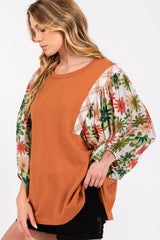 Desert Gold Floral Patchwork Sleeve Loose Top