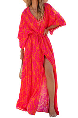 Orange Leafy Print 3/4 Sleeve V Neck Buttoned Split Maxi Dress