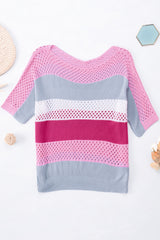 Pink Knitted Eyelet Colorblock Half Sleeves Top