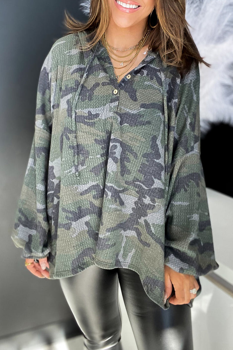 Green Camo Print Button Front Oversize Hoodie