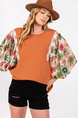 Desert Gold Floral Patchwork Sleeve Loose Top