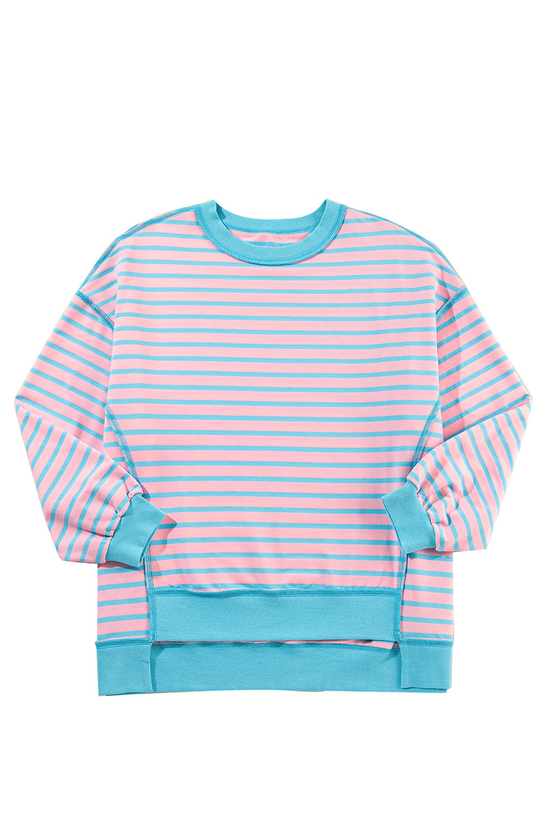 Sky Blue Stripe Contrast Trim High Low Tunic Sweatshirt