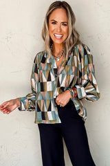 Green Geometric Print Button Balloon Sleeve Loose Fit Shirt