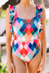 Multicolor Plaid Print Square Neck Frill Sleeveless Backless One-piece Swimwear