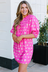 Bright Pink Spotted Print Puff Sleeve Smocked Mini Dress