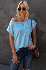 Light Blue Solid Color Short Sleeve Basic T Shirt with Patch Pocket