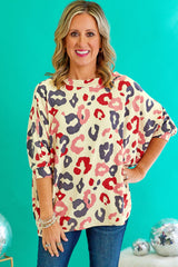 White Plus Size Colorful Leopard Print Batwing Sleeve Top