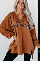 Chestnut Sequin Happy Halloween Graphic Notched Neck Loose Top