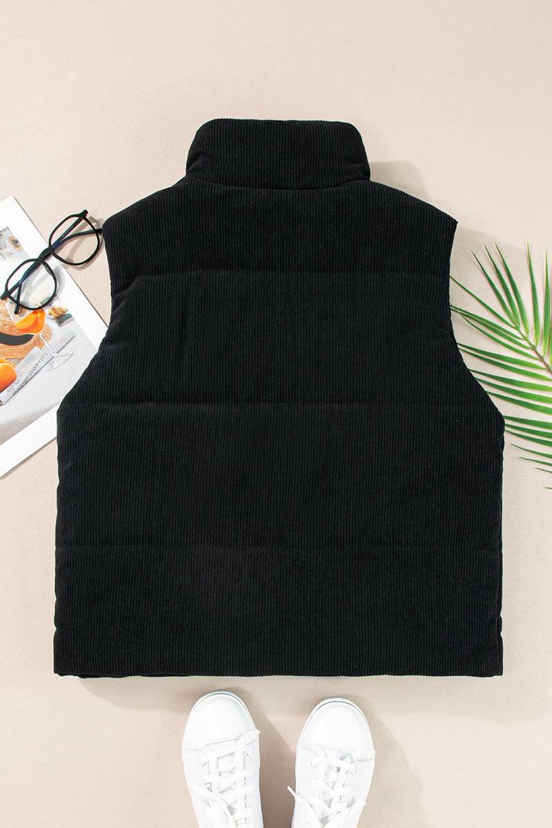 Black Solid Color Corduroy Puffer Vest Coat