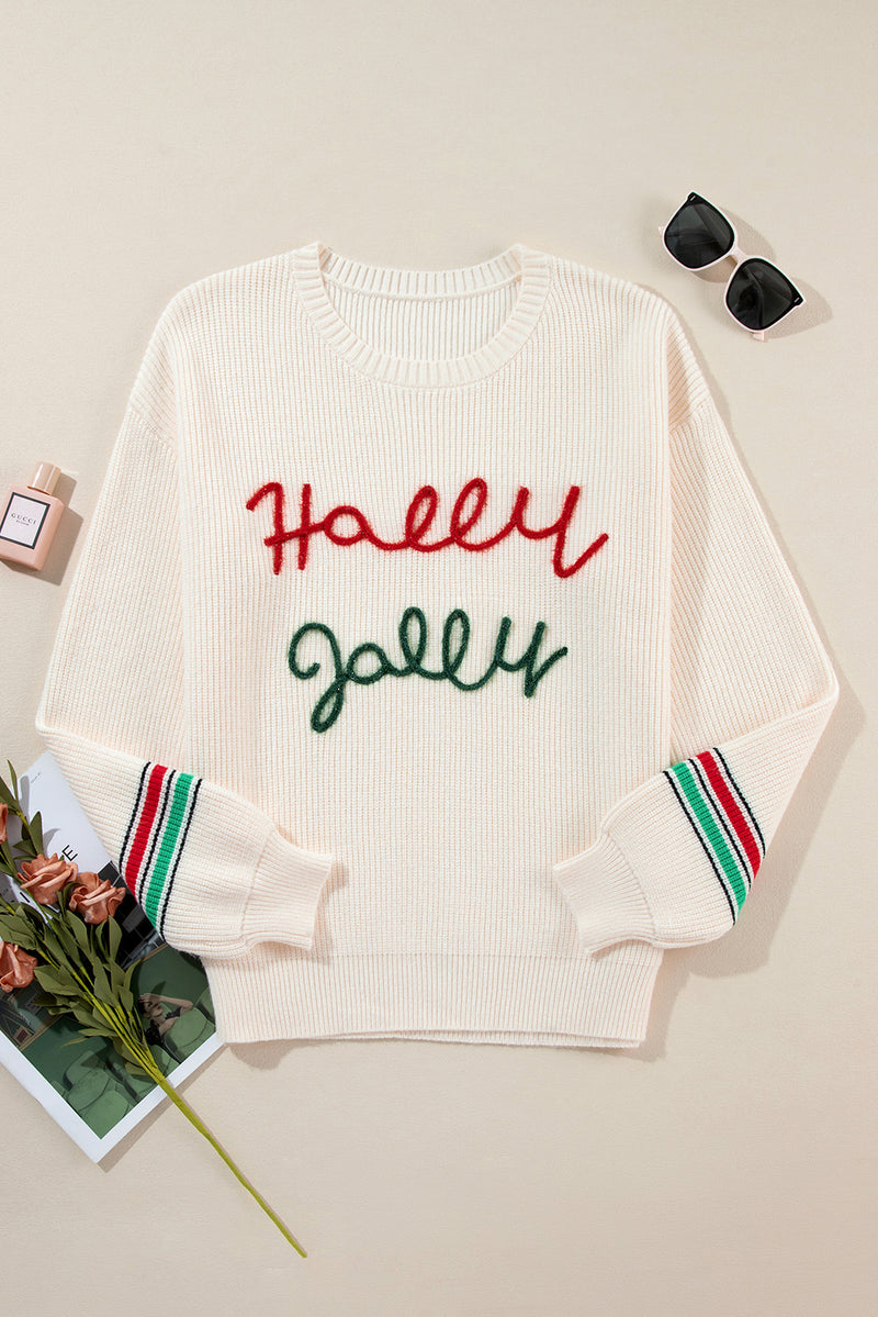 Beige Tinsel Holly Jolly Graphic Round Neck Sweater