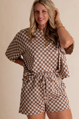 Brown Plus Size Checkerboard Print Side Slit Tee and Shorts Set