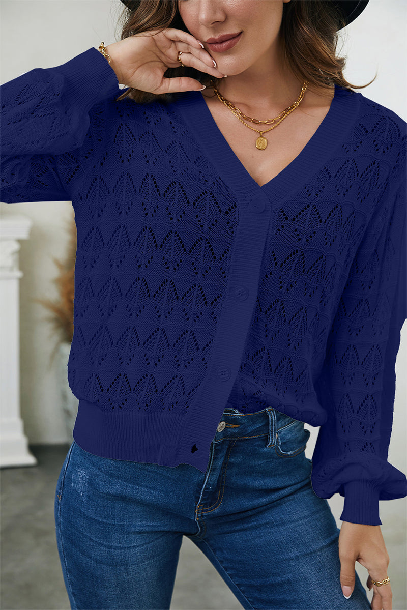 Blue Lightweight Buttoned Front Crochet Cardigan