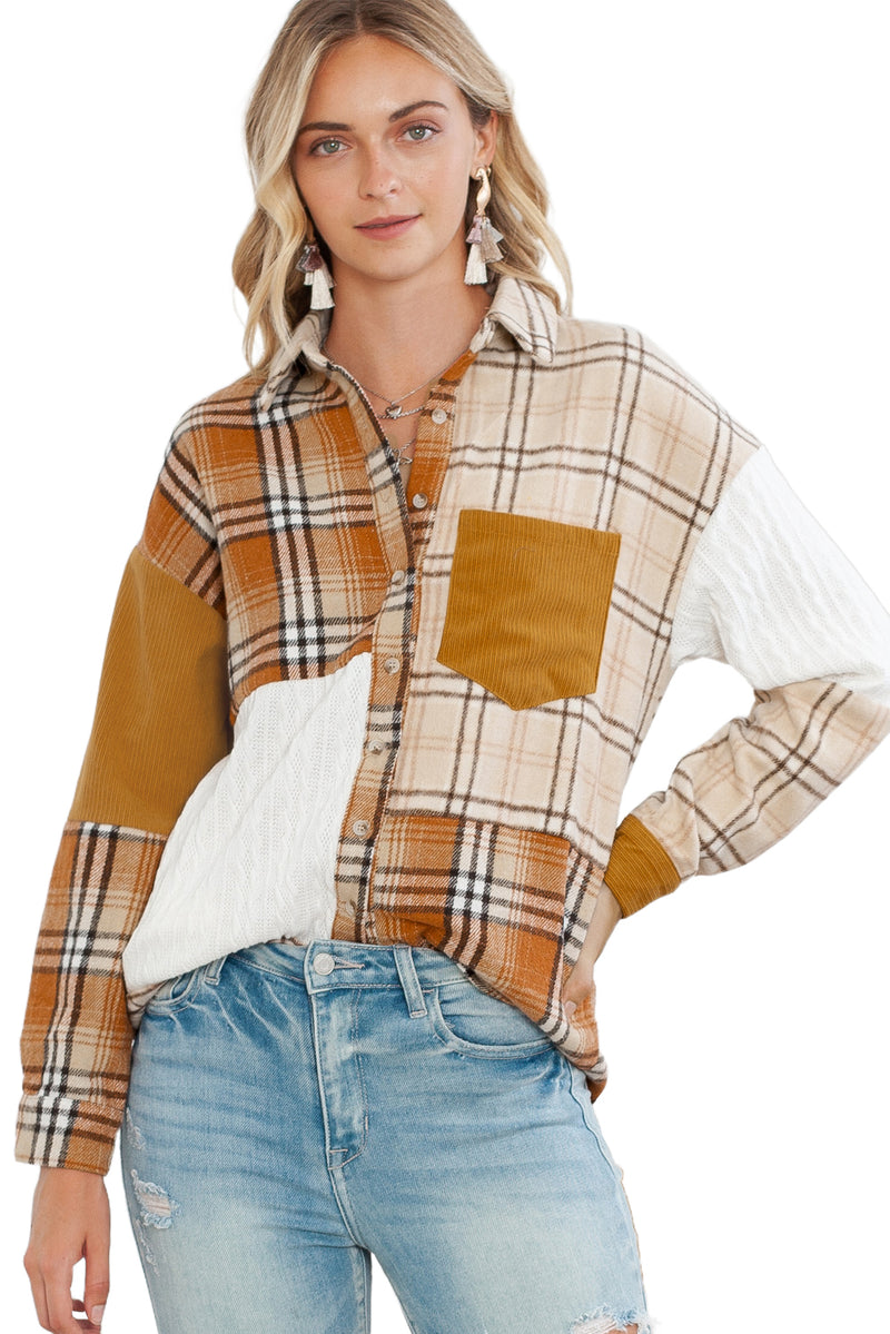 Orange Plaid Color Block Patchwork Pocket Shirt Shacket