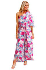 Pink Floral Print Asymmetrical Neckline Single Shoulder Half Sleeve Belted Jumpsuit