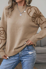 Khaki Floral Decor Lantern Sleeve Knit Sweater