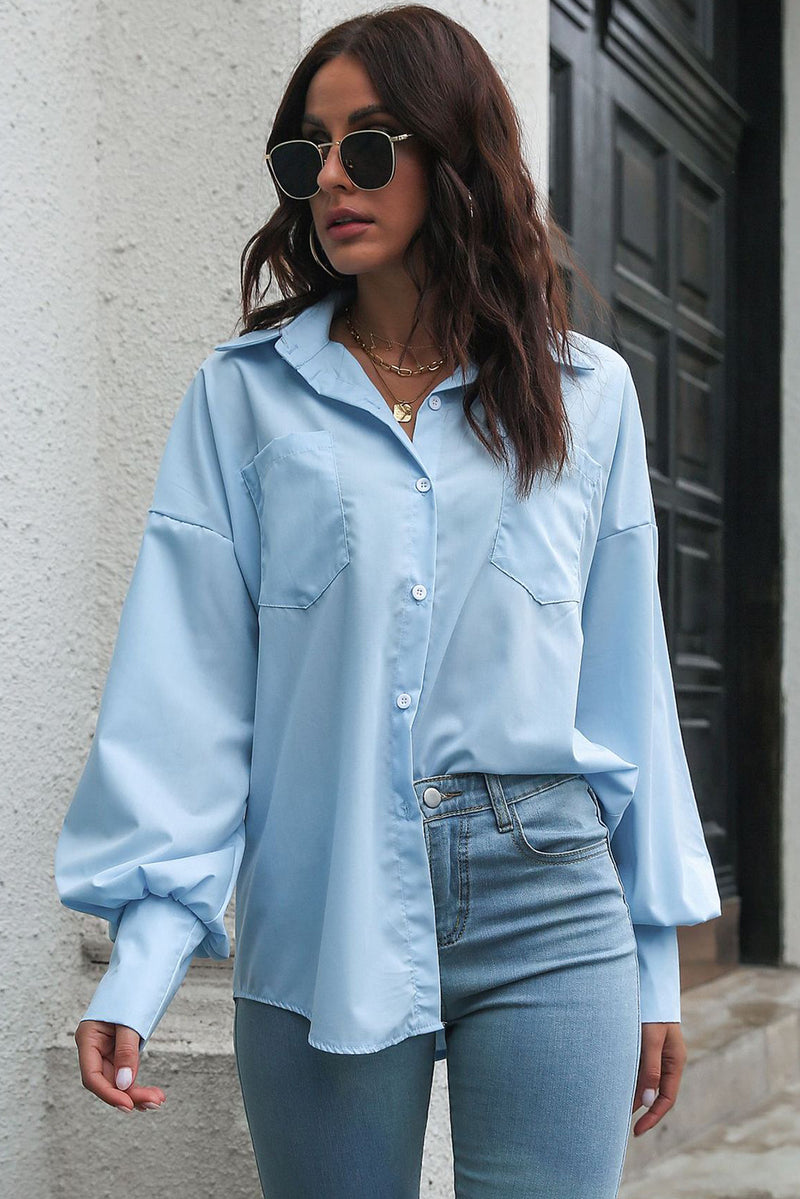 Mist Blue Plain Lantern Sleeve Drop Shoulder Shirt