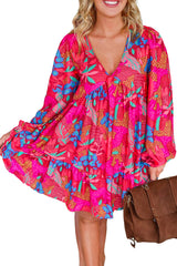 Rose Tropical Print Lantern Sleeve V Neck Ruffle Plus Mini Dress