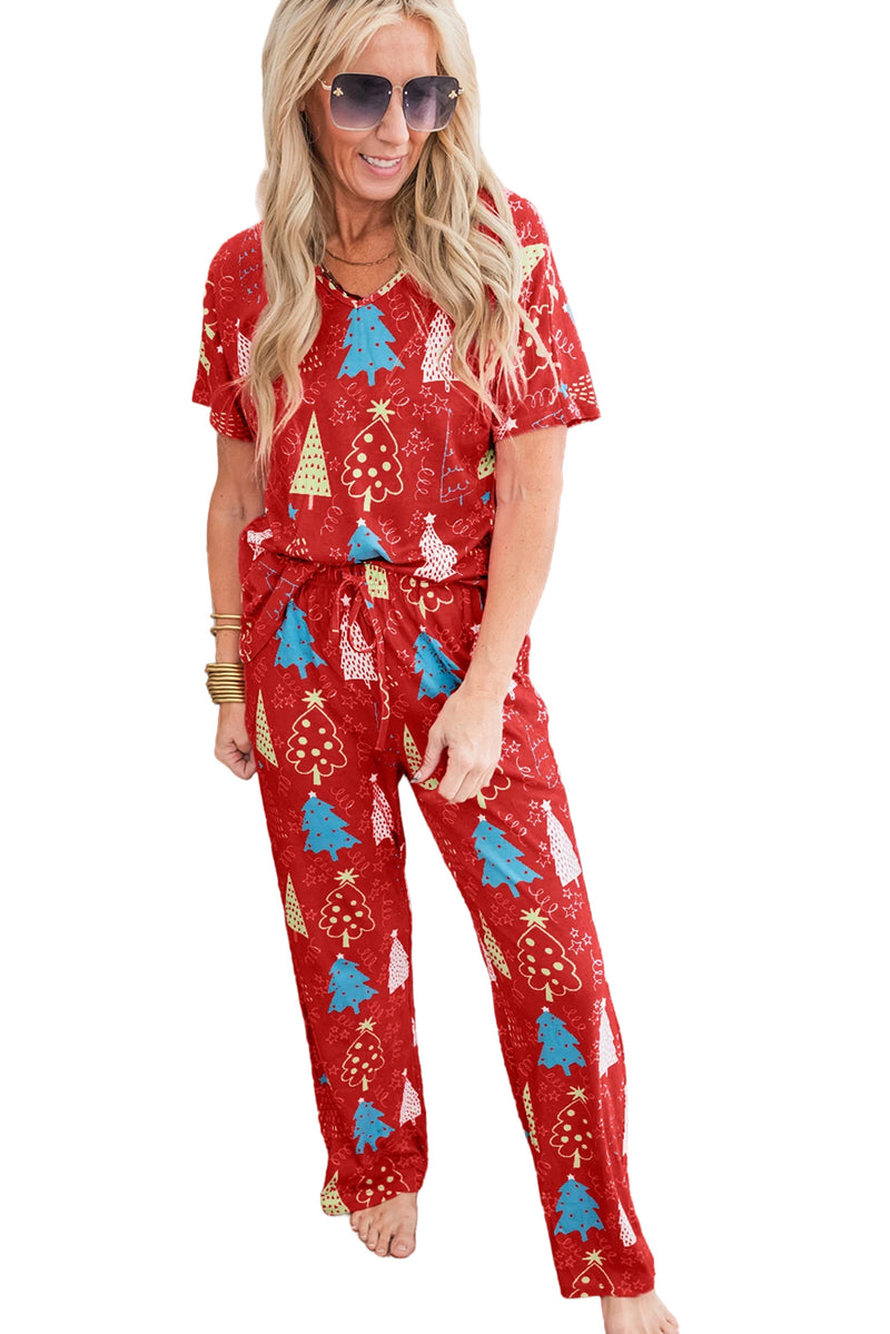 Red Christmas Tree Print V Neck Tee and Pants Loungewear Set