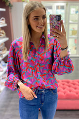 Multicolor Abstract Floral Long Puff Sleeve Shirt