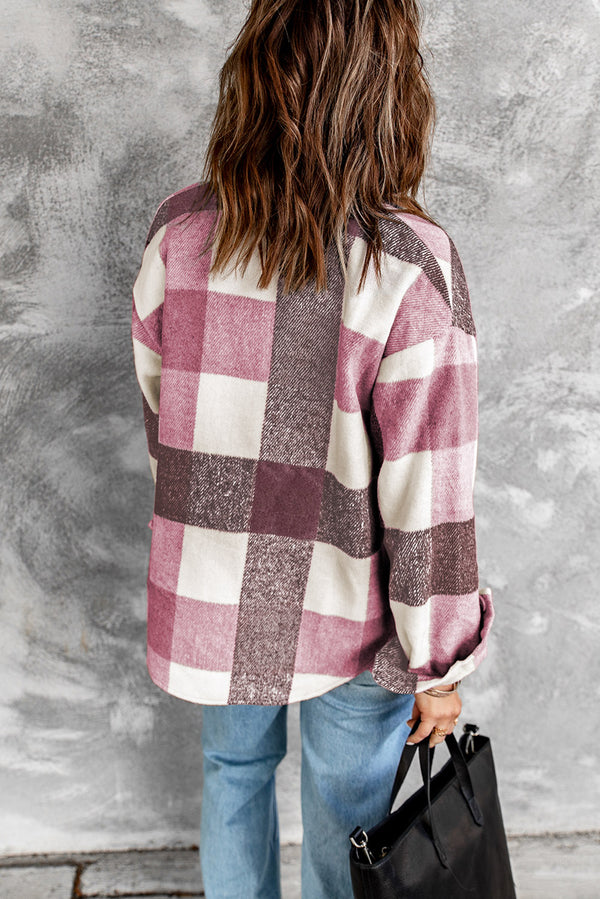 Plaid Color Block Buttoned Pocket Long Sleeve Shacket