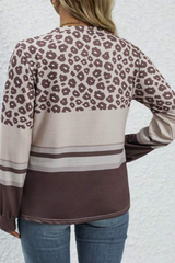 Coffee Plus Size Leopard Color Block Long Sleeve Top