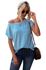 Light Blue Solid Color Short Sleeve Basic T Shirt with Patch Pocket