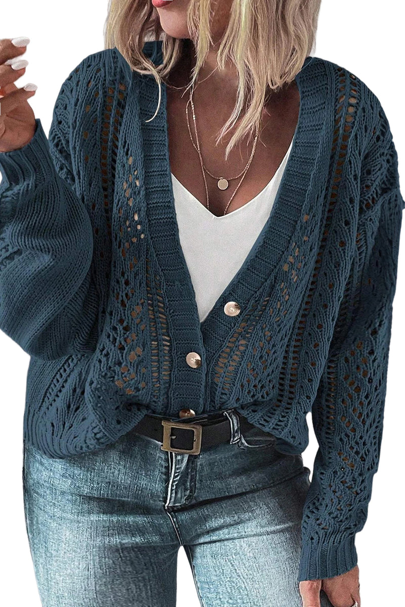 Real Teal Hollow Knit V Neck Button Front Plus Size Cardigan