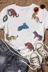 White Sequin Tiger Patch Graphic Round Neck T Shirt