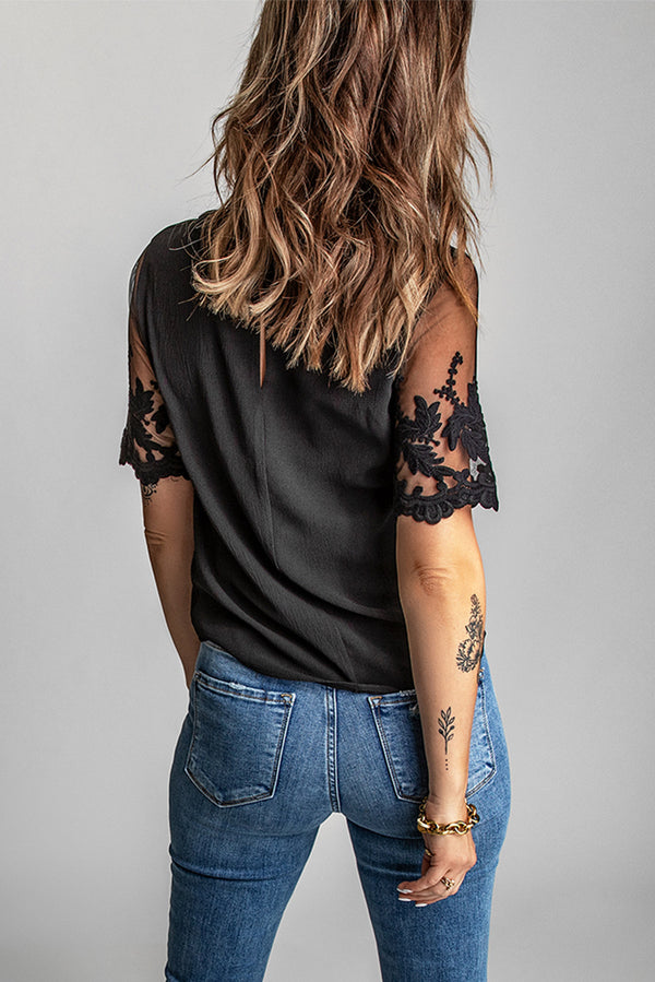 Black Sheer Flower Lace Short Sleeve Summer Top